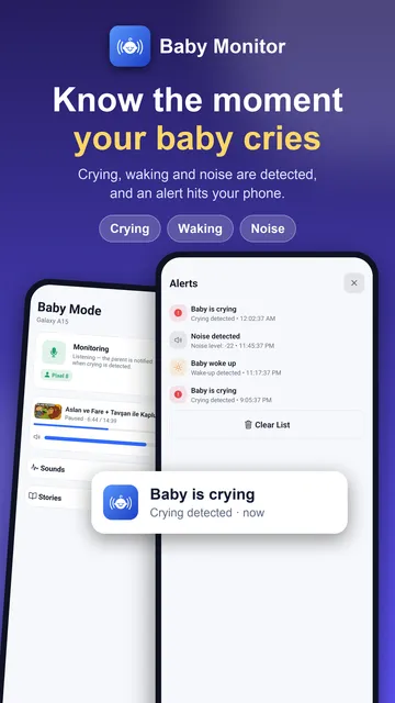 Instant cry and wake-up alerts on the parent phone